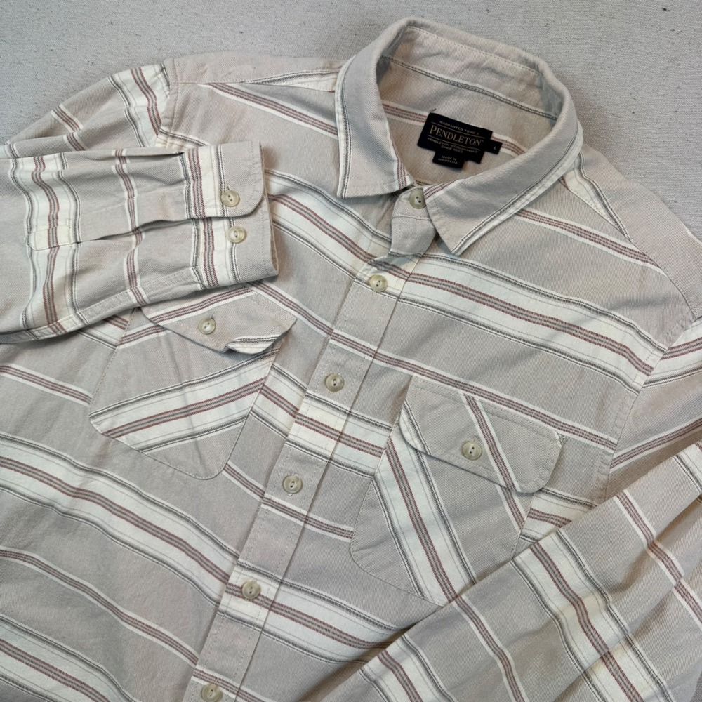 Pendleton Large Button Down Shirt Mens Beige Striped Long Sleeve Twill